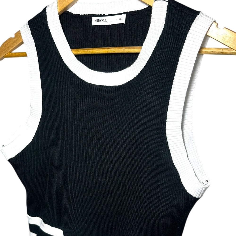 MIHOLL Black White Striped Trim Ribbed Knit Crop Tank Top‎ Womens XL - Picture 4 of 6